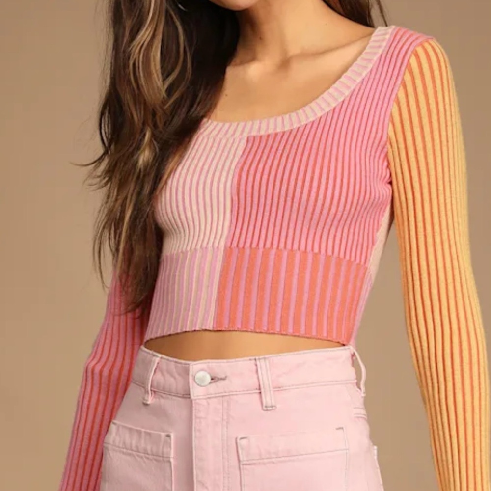Lulus Meant to be Mod Pink Color Block Ribbed Long Sleeve Crop Top Size S